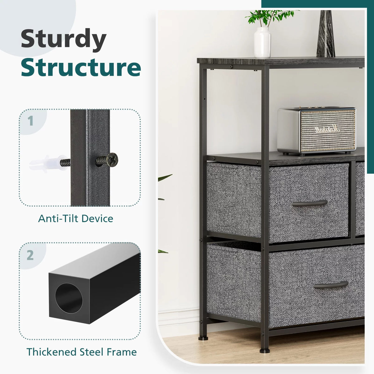 Gray 5 Drawer Fabric Dresser with Wood Shelves X883326