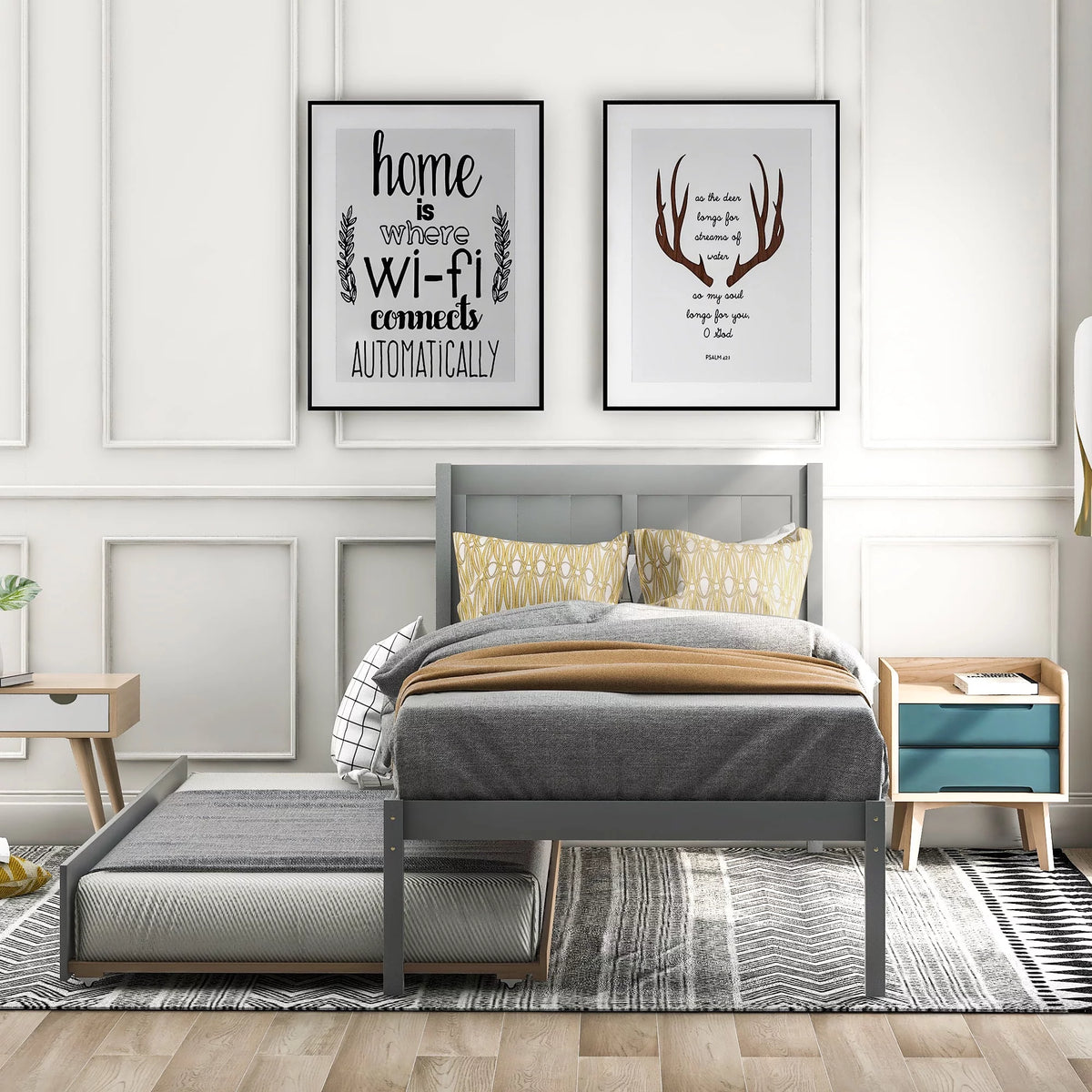 Twin Size Wood Platform Bed with Trundle W2204
