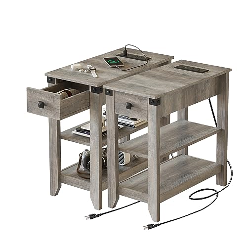 Set of 2 Narrow Side Table with Charging Station and Storage Drawer Rustic Grey N7894