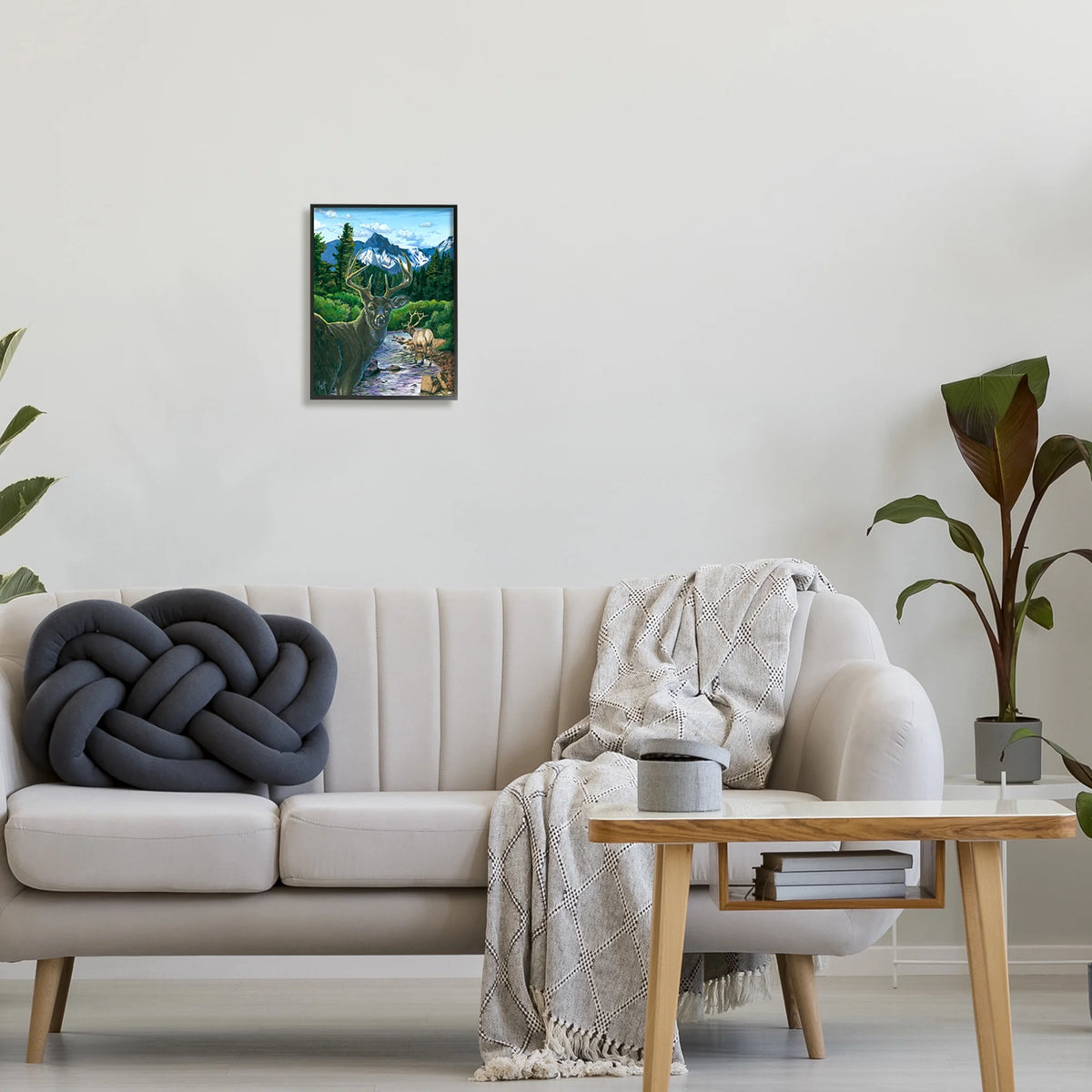 Deer in Mountain Scenery Black Framed Art Print Q504