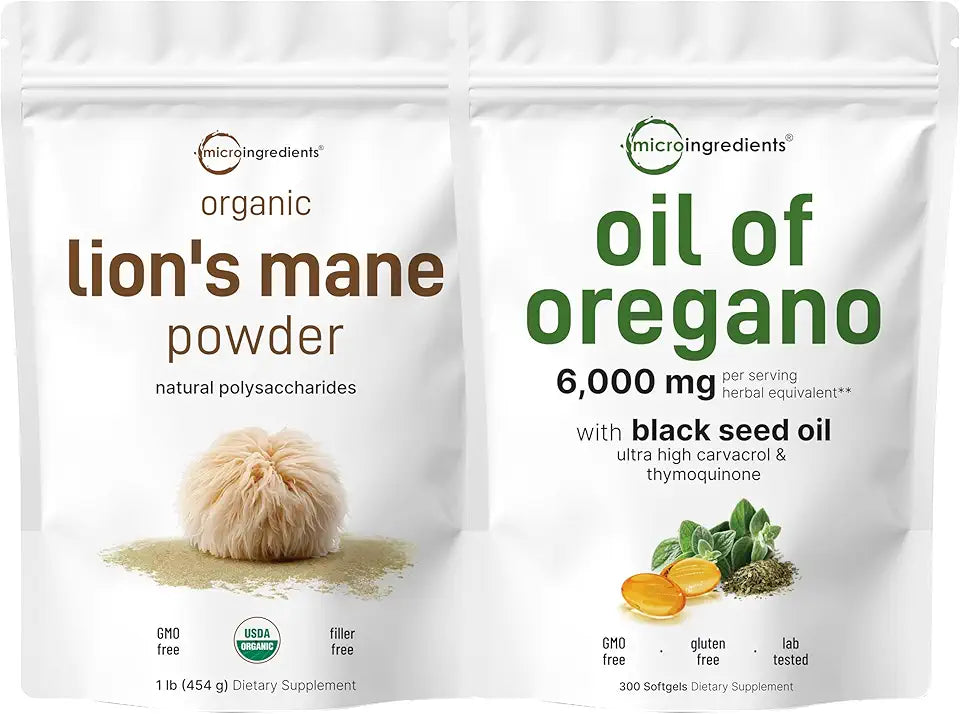 Oil of Oregano Softgels & Lions Mane Mushroom Supplement Powder 2 Pack Z43224