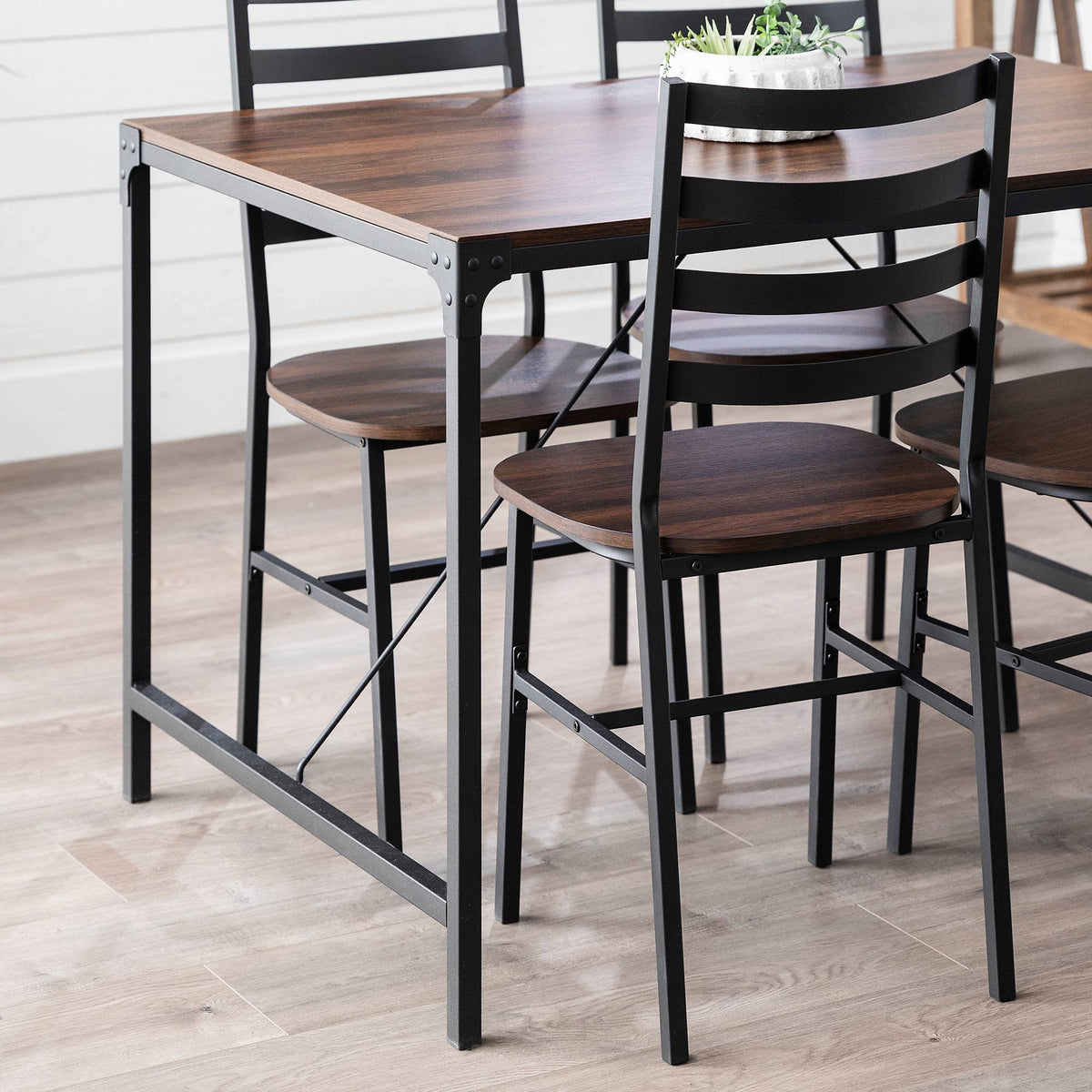 5pc Industrial Farmhouse Angle Iron Dining Set Dark Walnut Q59823