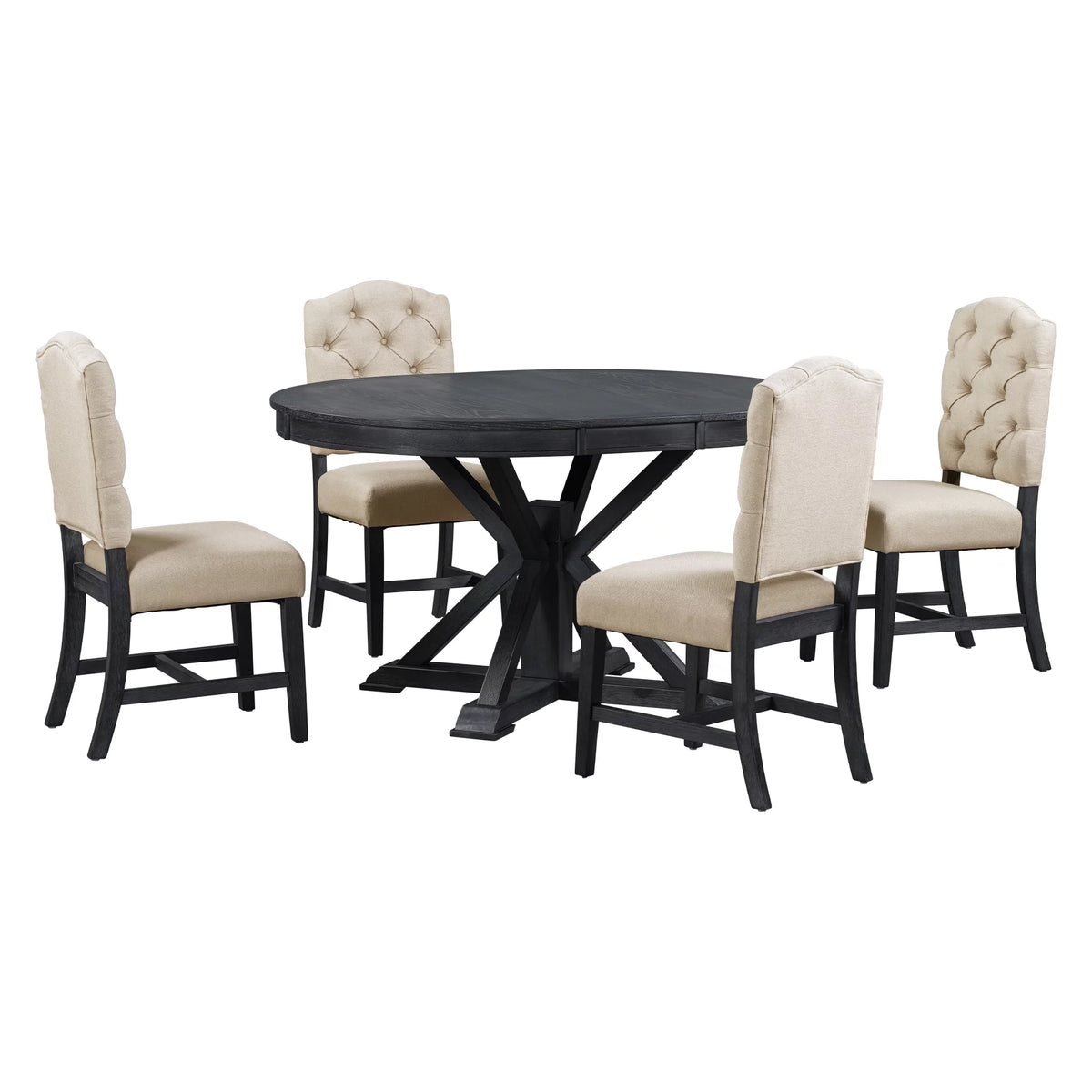 5 Piece Espresso Round Wood Dining Table Set with 4 Upholstered Chairs Y500225