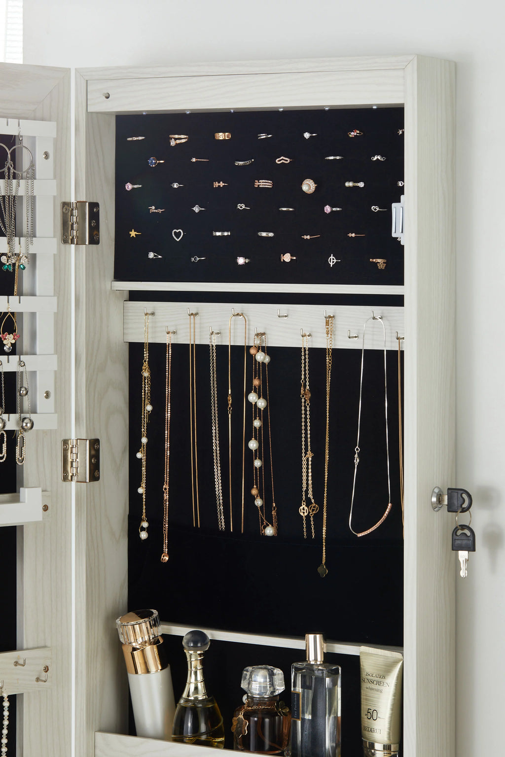 White Wall-Mounted Jewelry Cabinet with LED Lights K238
