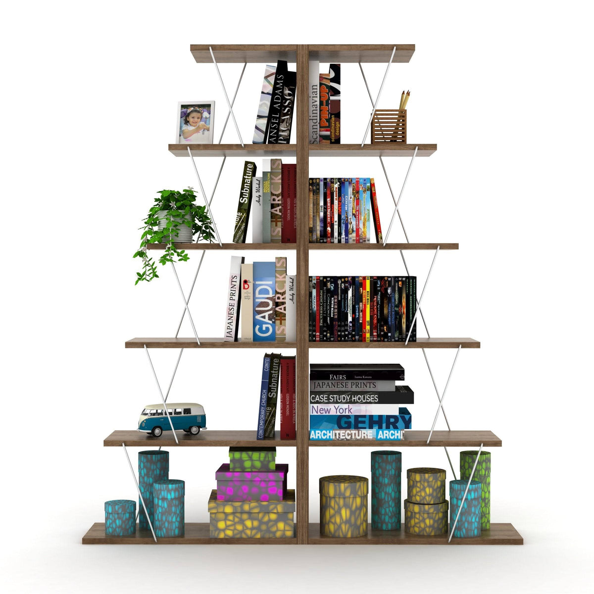 Chrome-White 5-Shelf Angled Bookcase M723595