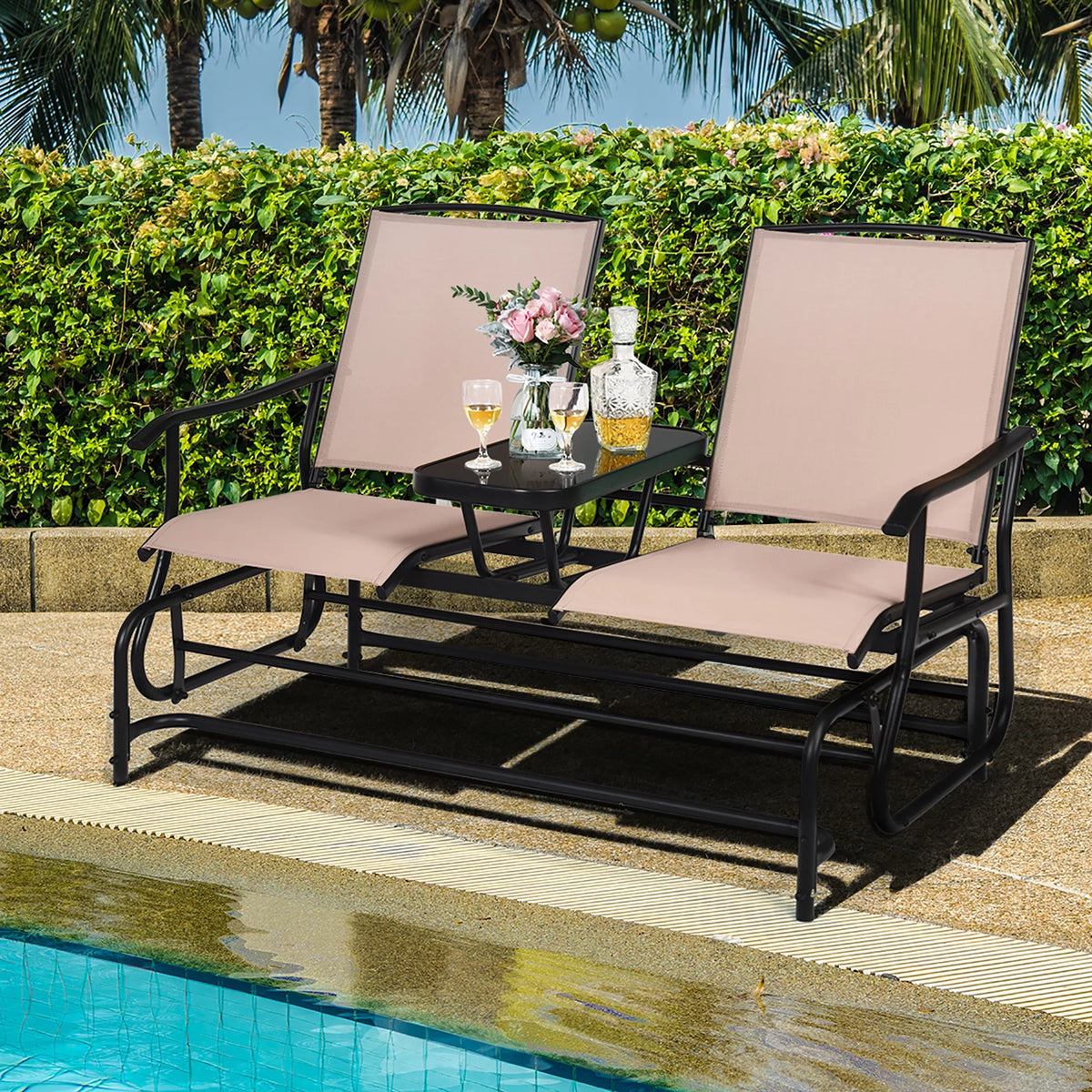 Brown 2 Person Outdoor Patio Glider Loveseat G1392