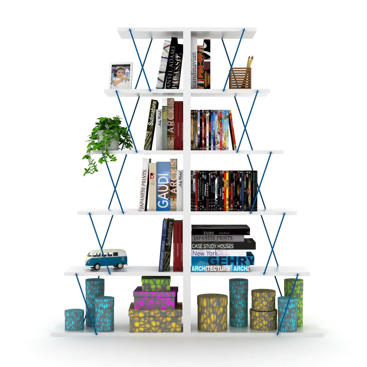 Chrome-White 5-Shelf Angled Bookcase M723595
