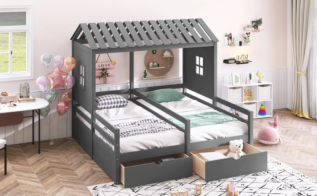 Twin Size House Platform Bed with Two Drawers P719