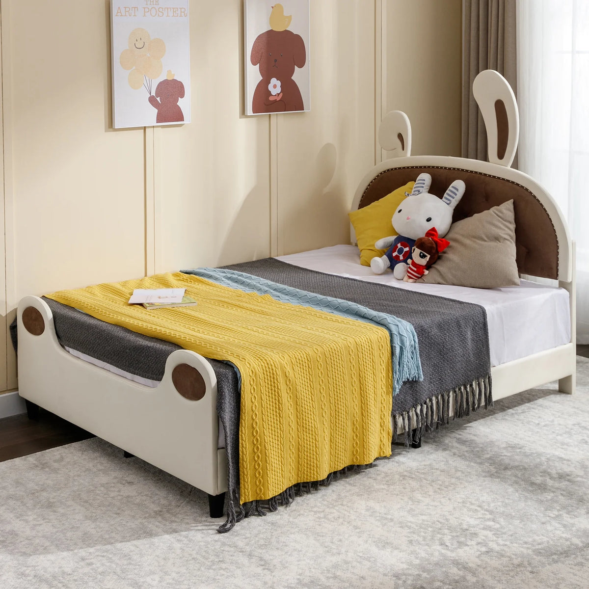 Twin Size Upholstered Platform Bed with Rabbit Ears Headboard L103417