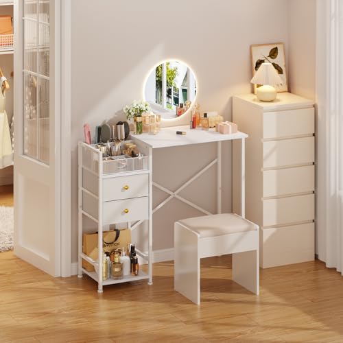 White Vanity Desk with 2 Fabric Drawers, 9 Compartments, Storage Shelves A262095