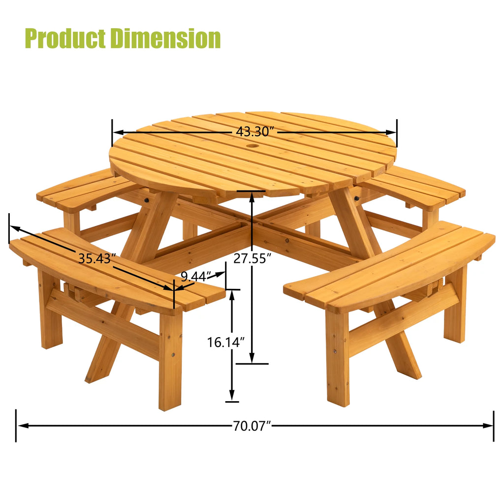 8-Person Wooden Picnic Table with 4 Built-in Benches L878195