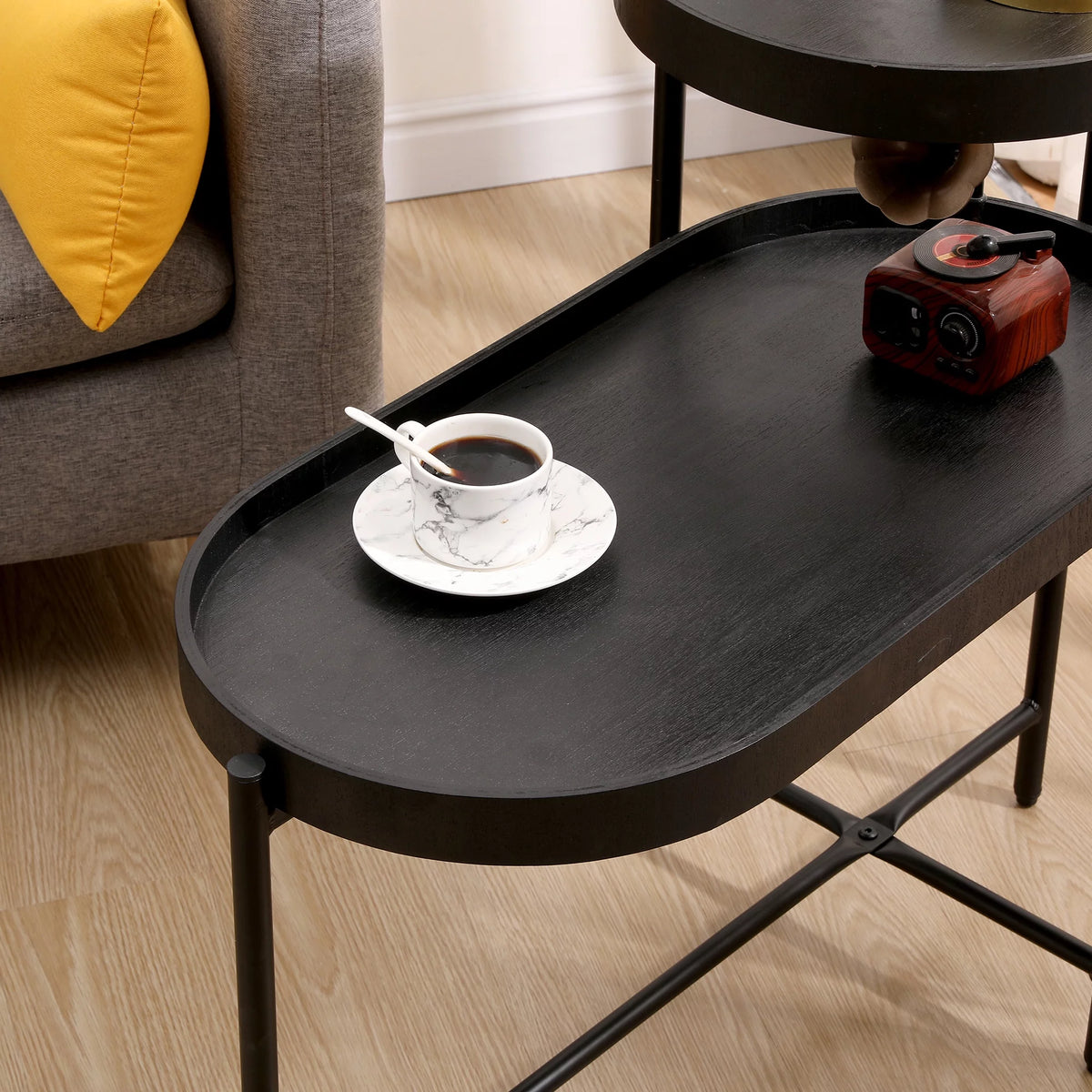 2-Tier Wooden Top Side Table Black Metal Frame A693330