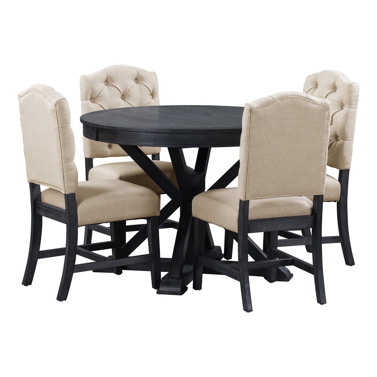 5 Piece Espresso Round Wood Dining Table Set with 4 Upholstered Chairs Y500225