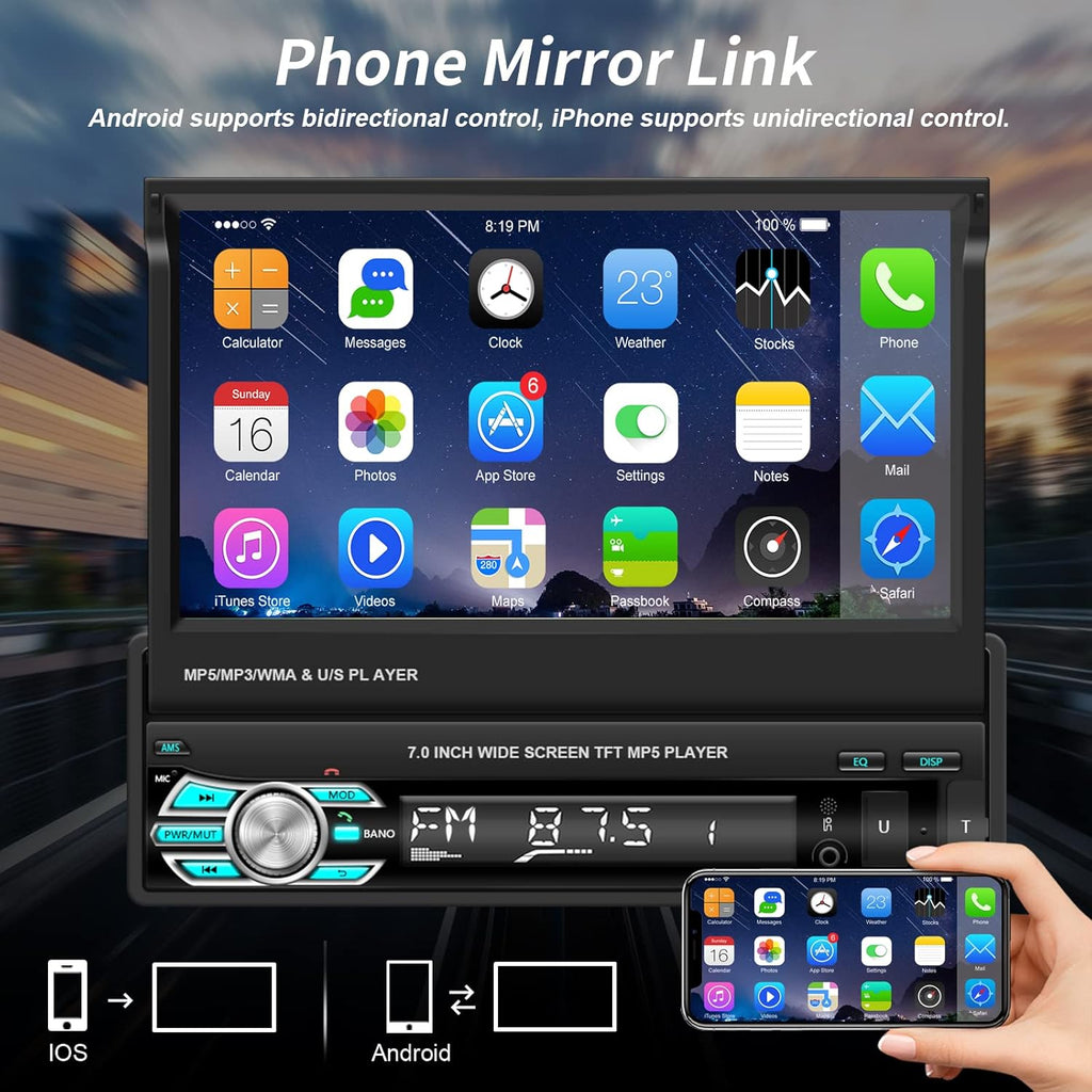 Single Din Car Stereo with Carplay Android Auto 7 Inch Touch Screen L5910