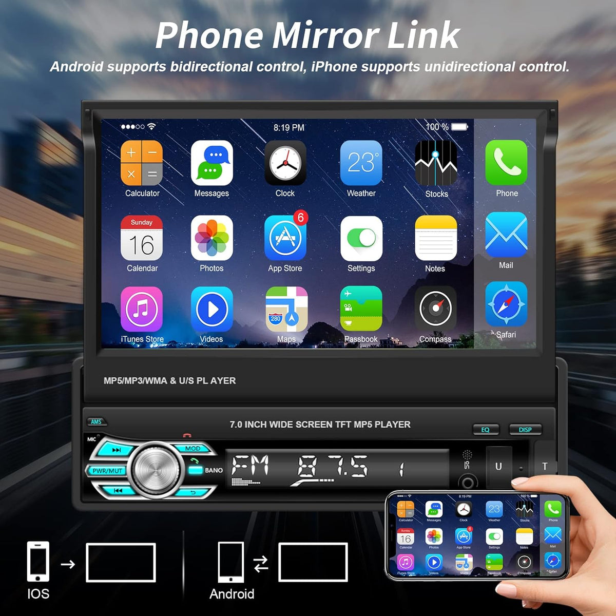 Single Din Car Stereo with Carplay Android Auto 7 Inch Touch Screen L5910