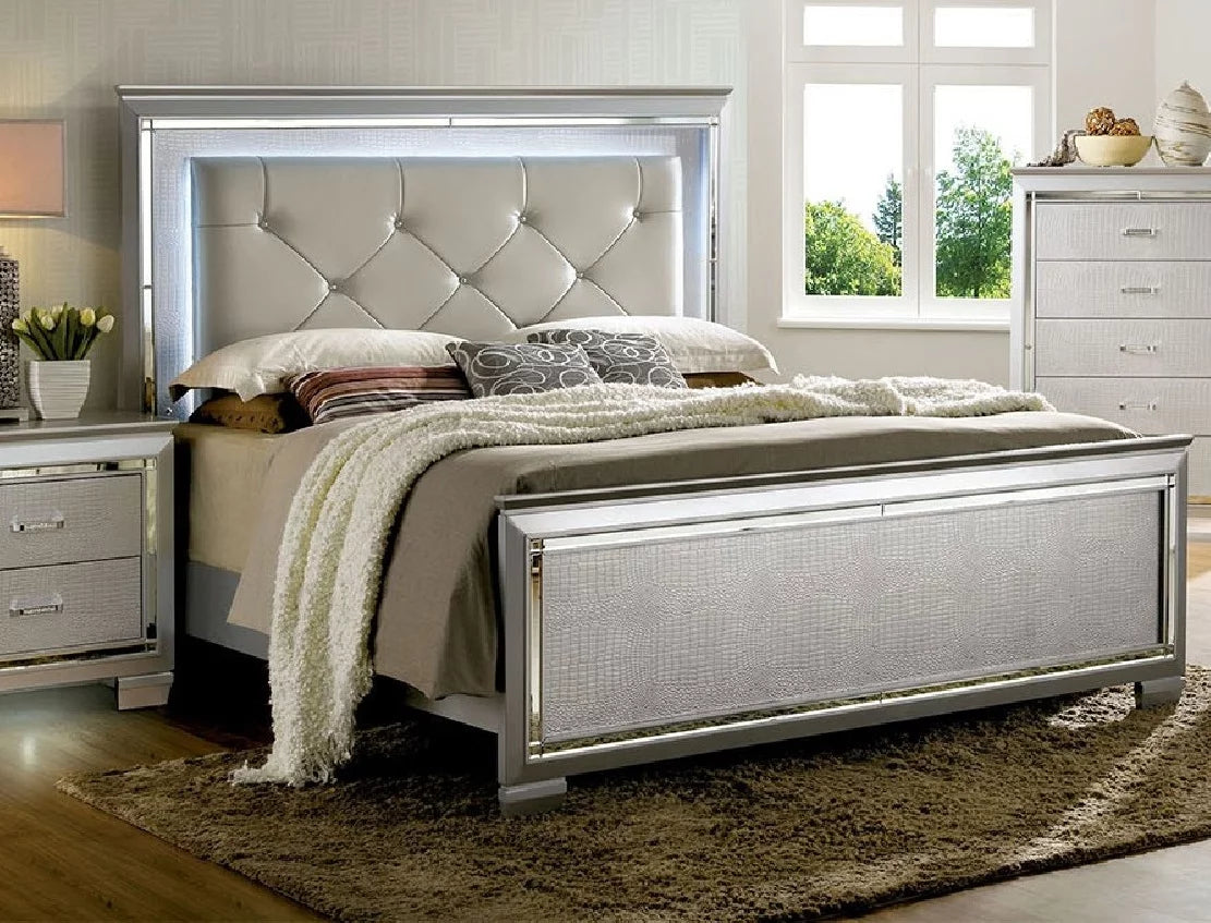 Silver 4pc Eastern King Size Bed Dresser Mirror Nightstand Set U1152