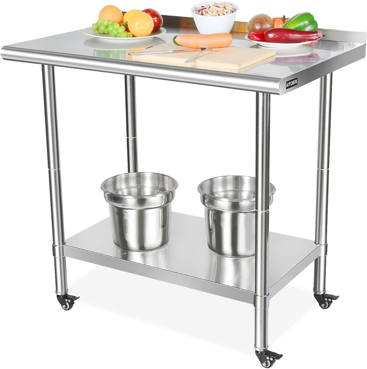 Stainless Steel Work Table with Casters, Backsplash, Adjustable Undershelf I7840