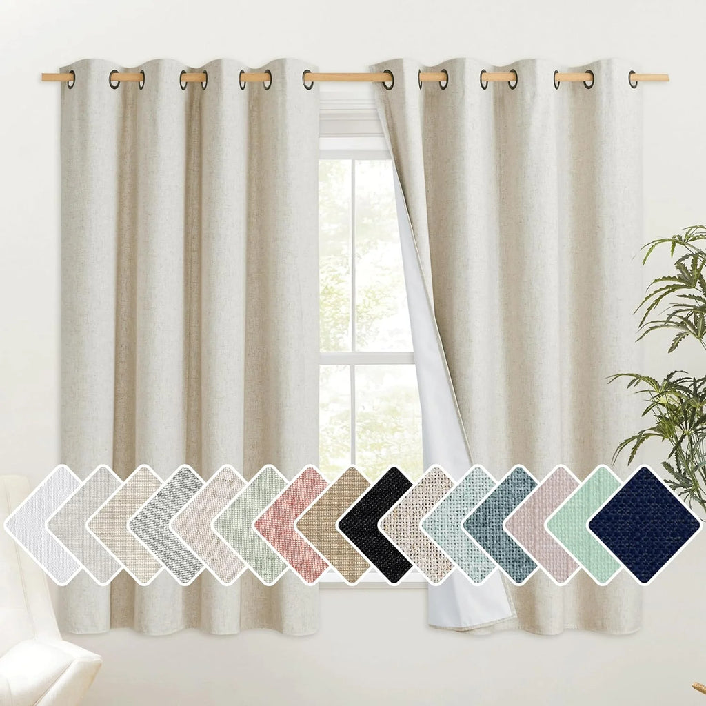 Natural 100% Blackout Linen Kitchen Curtains 63 inch 2 Panels E34766