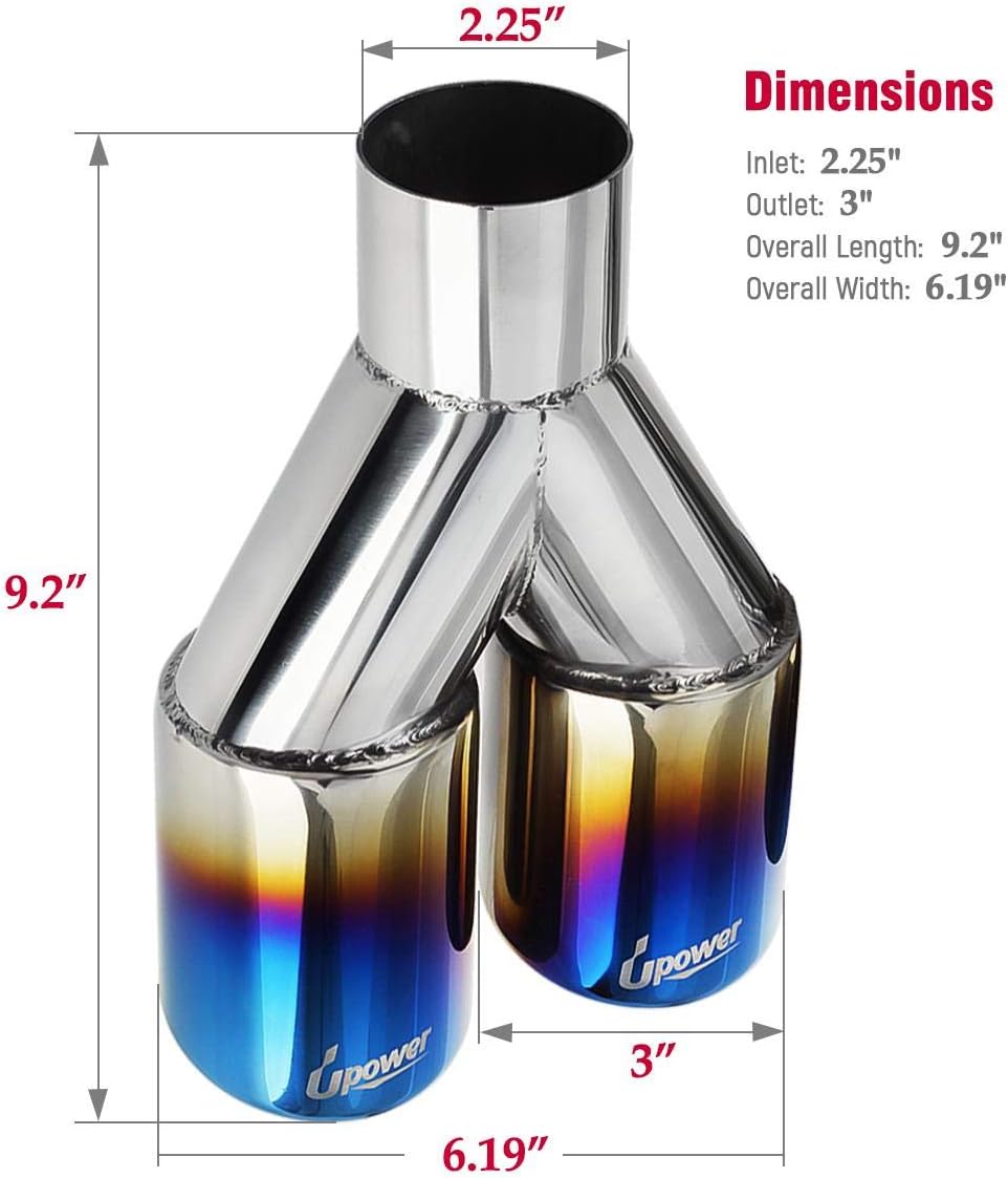 Dual Exhaust Tips 2.25 inch inlet 3 inch outlet 9.2" Long Blue 304 Polished Stainless Steel Weld on Exhaust Tailpipe Tips Pack of 2 O949780