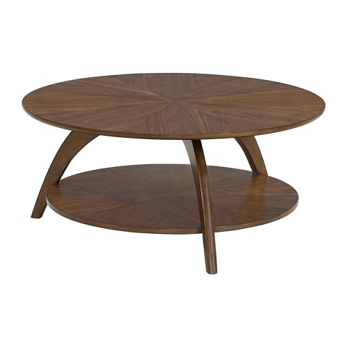 Caramel Brown Round Wood Coffee Table with Shelf Storage D6149