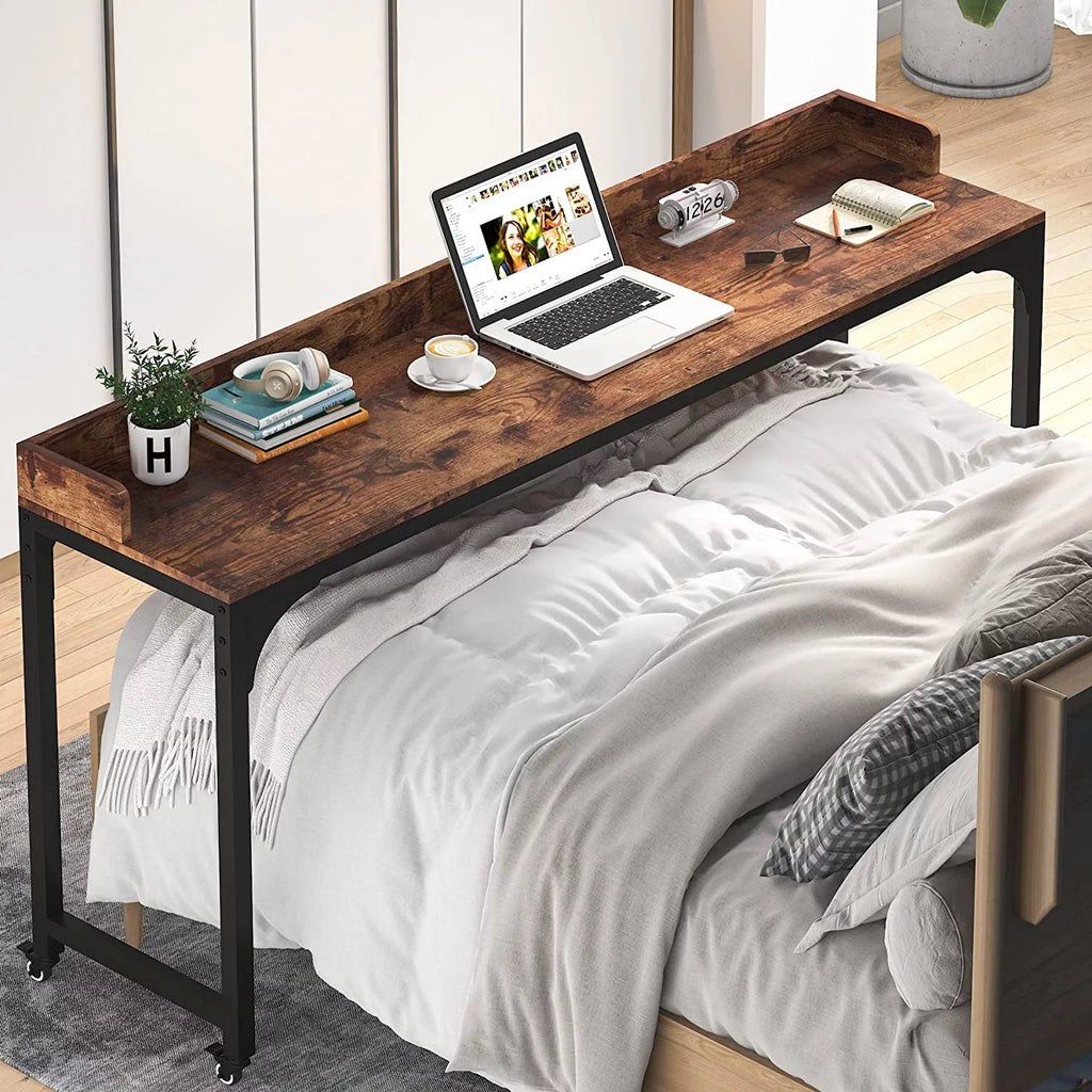 Brown Overbed Table with Wheels 70.8"L Queen Size Mobile Desk with Metal Legs E9628
