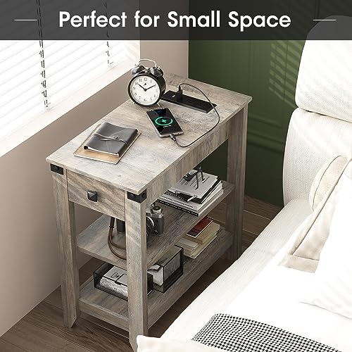 Set of 2 Narrow Side Table with Charging Station and Storage Drawer Rustic Grey N7894