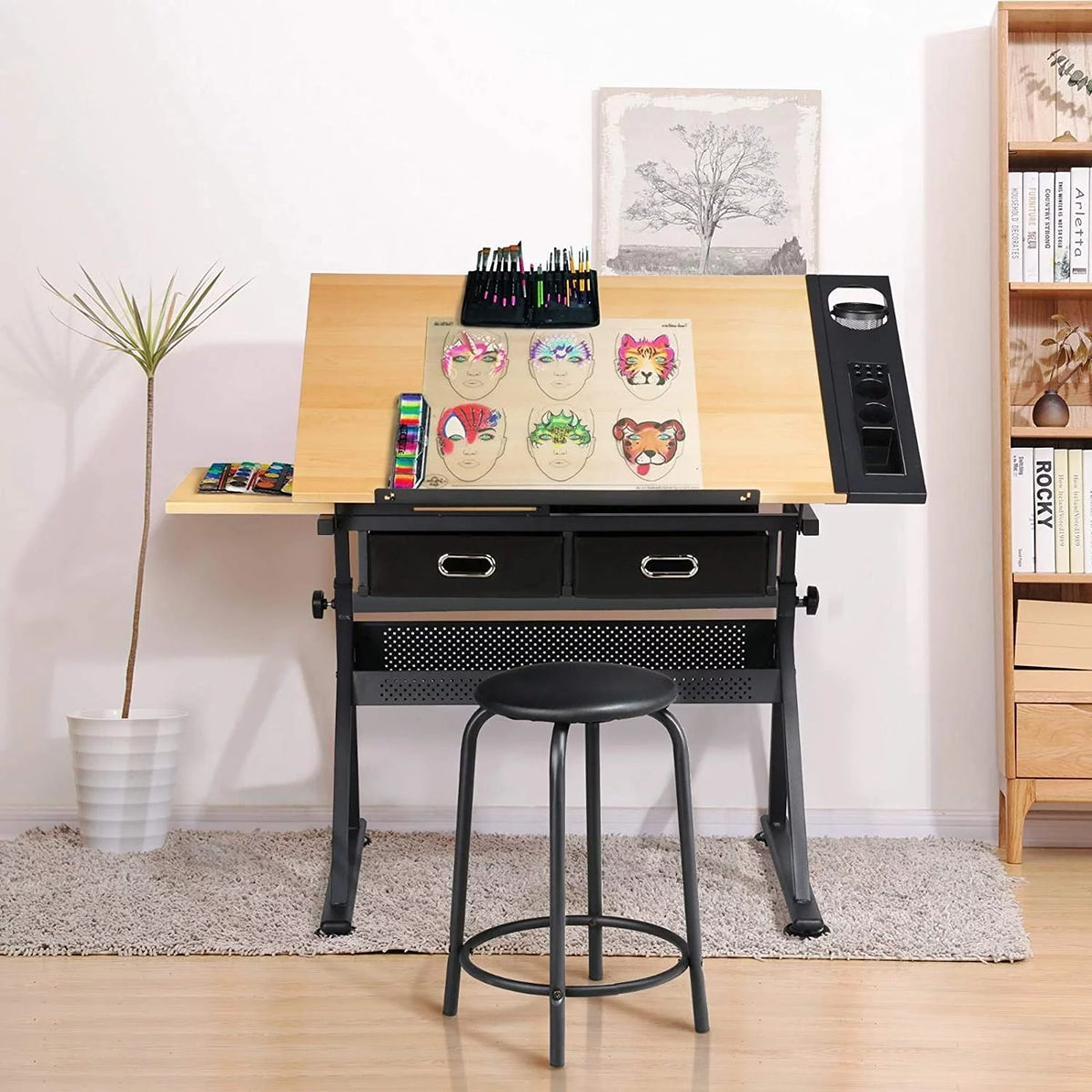 Height Adjustable Drafting Table with 2 Storage Drawers and Stool L86986