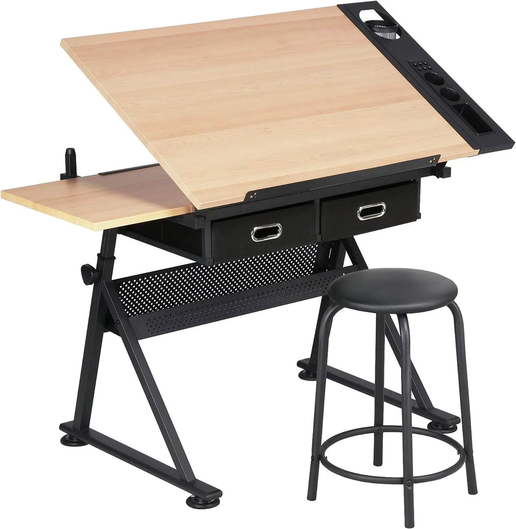 Height Adjustable Drafting Table with 2 Storage Drawers and Stool L86986