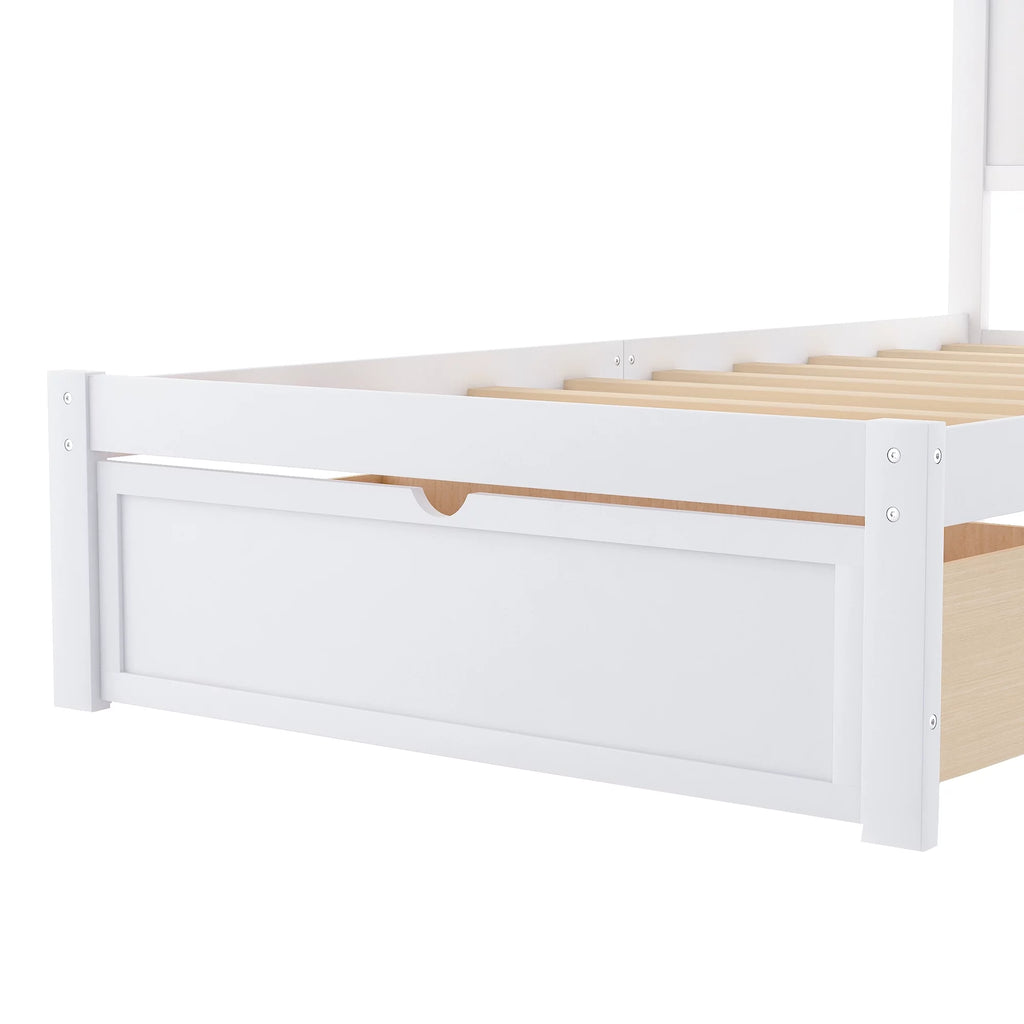 White Twin Wood Platform Bed with Headboard and Storage Drawer X383548