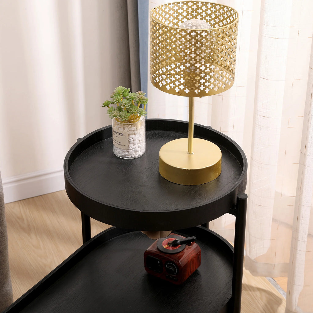 2-Tier Wooden Top Side Table Black Metal Frame A693330