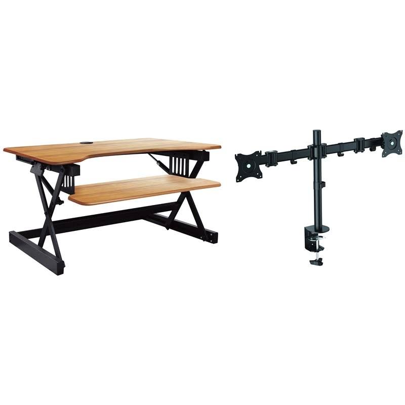 Teak Wood Adjustable Standing Desk Converter with Dual Monitor Mount Q741425
