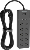 Flat Plug Extension Cord 25 Ft, 10 Outlet Power Strip Surge Protector with 2 USB, 1080 Joules, Pack of 2 G4630