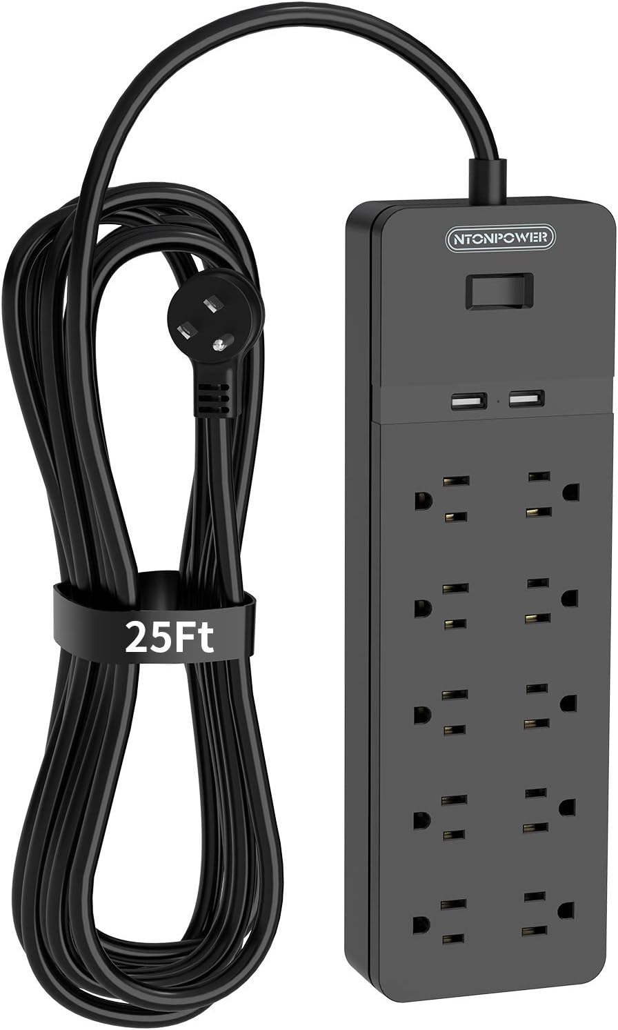 Flat Plug Extension Cord 25 Ft, 10 Outlet Power Strip Surge Protector with 2 USB, 1080 Joules, Pack of 2 G4630