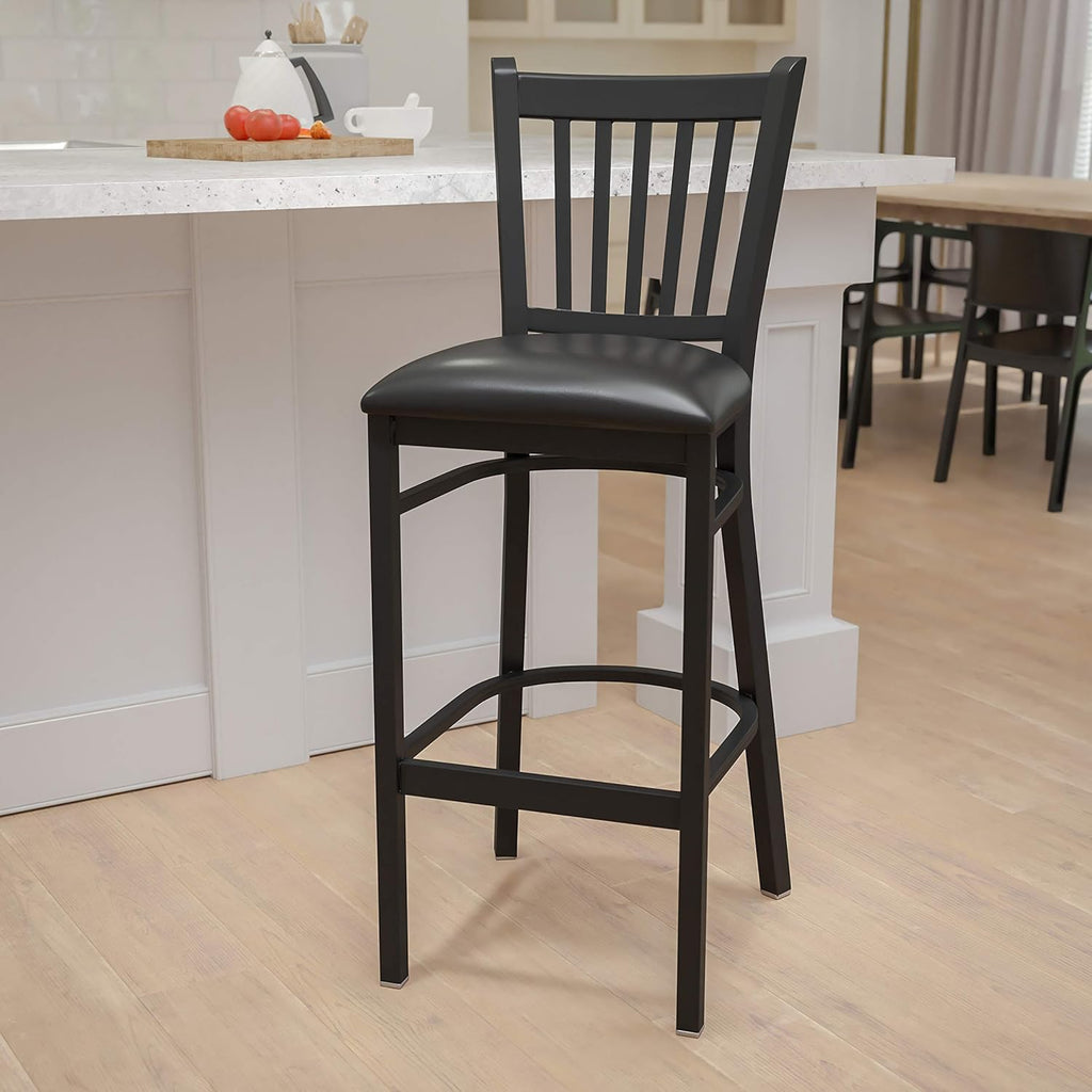 Black Vertical Back Metal Restaurant Barstool with Walnut Wood Seat C172