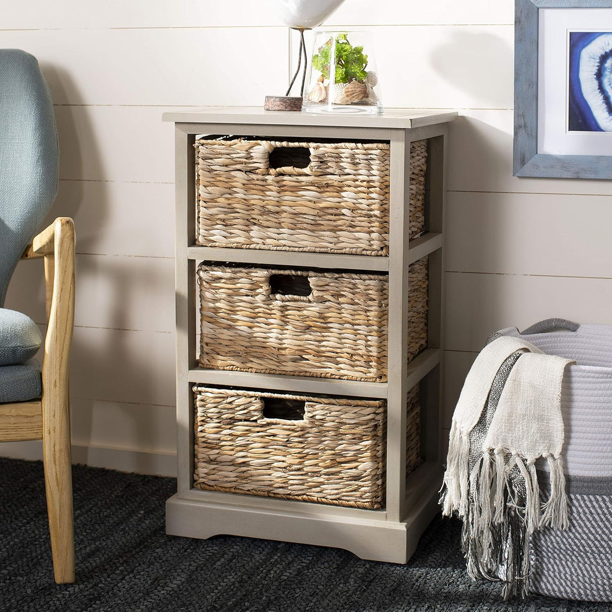 Distressed Black Wicker Basket Storage Side Table S987850