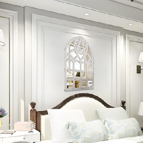 White Arched Wood Framed Window Mirror 23.6"x38"x1.2" Z9958