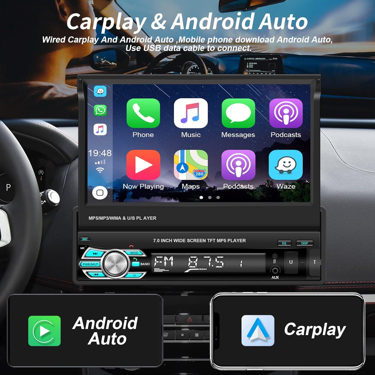 Single Din Car Stereo with Carplay Android Auto 7 Inch Touch Screen L5910