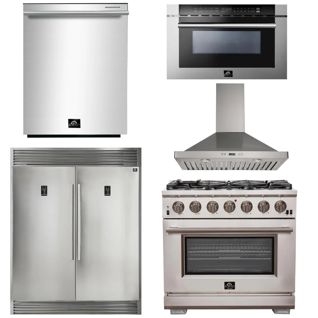 36 Inch Pro Gas Range, Wall Mount Range Hood, Refrigerator, Microwave Drawer, Dishwasher Q7354