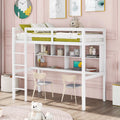 White Twin Size Wood Loft Bed with Desk and Shelves H74497