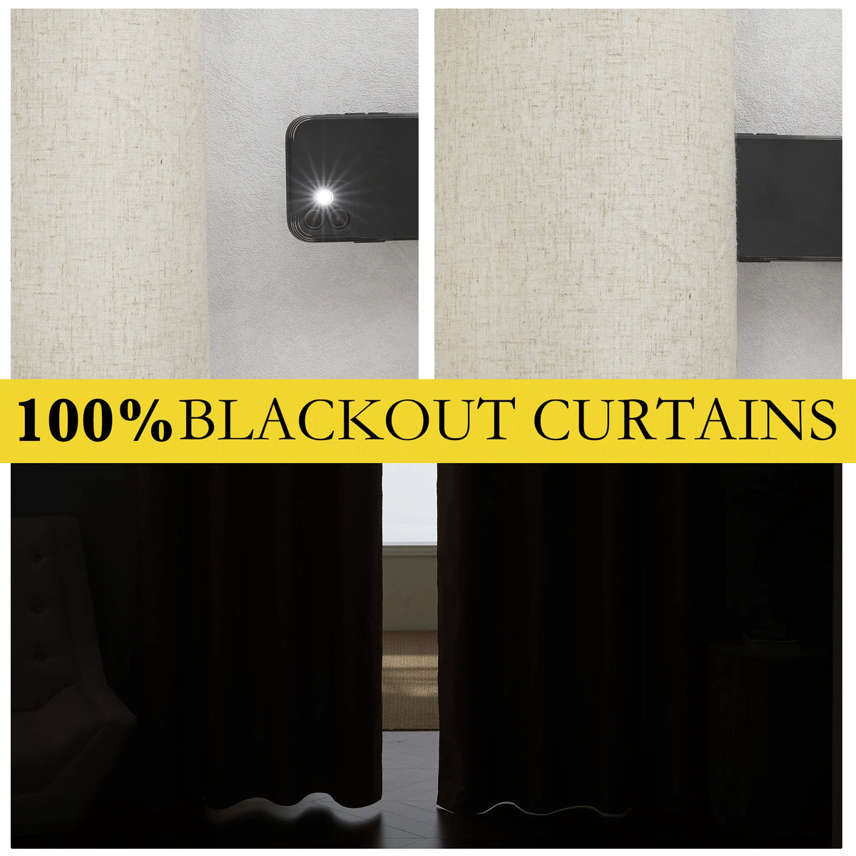 Natural 100% Blackout Linen Kitchen Curtains 63 inch 2 Panels E34766