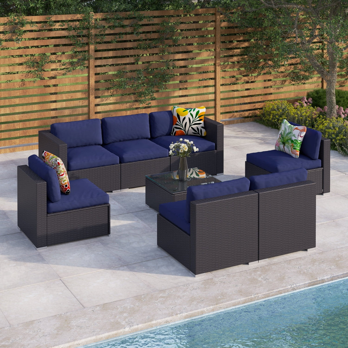 Blue 8 Piece Rattan Wicker Patio Sectional Sofa Set N98277