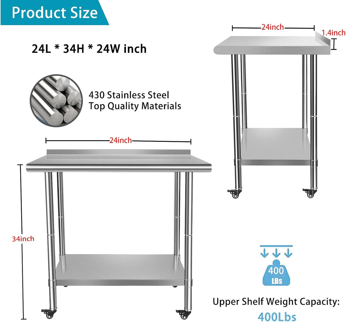 Stainless Steel Work Table with Casters, Backsplash, Adjustable Undershelf I7840