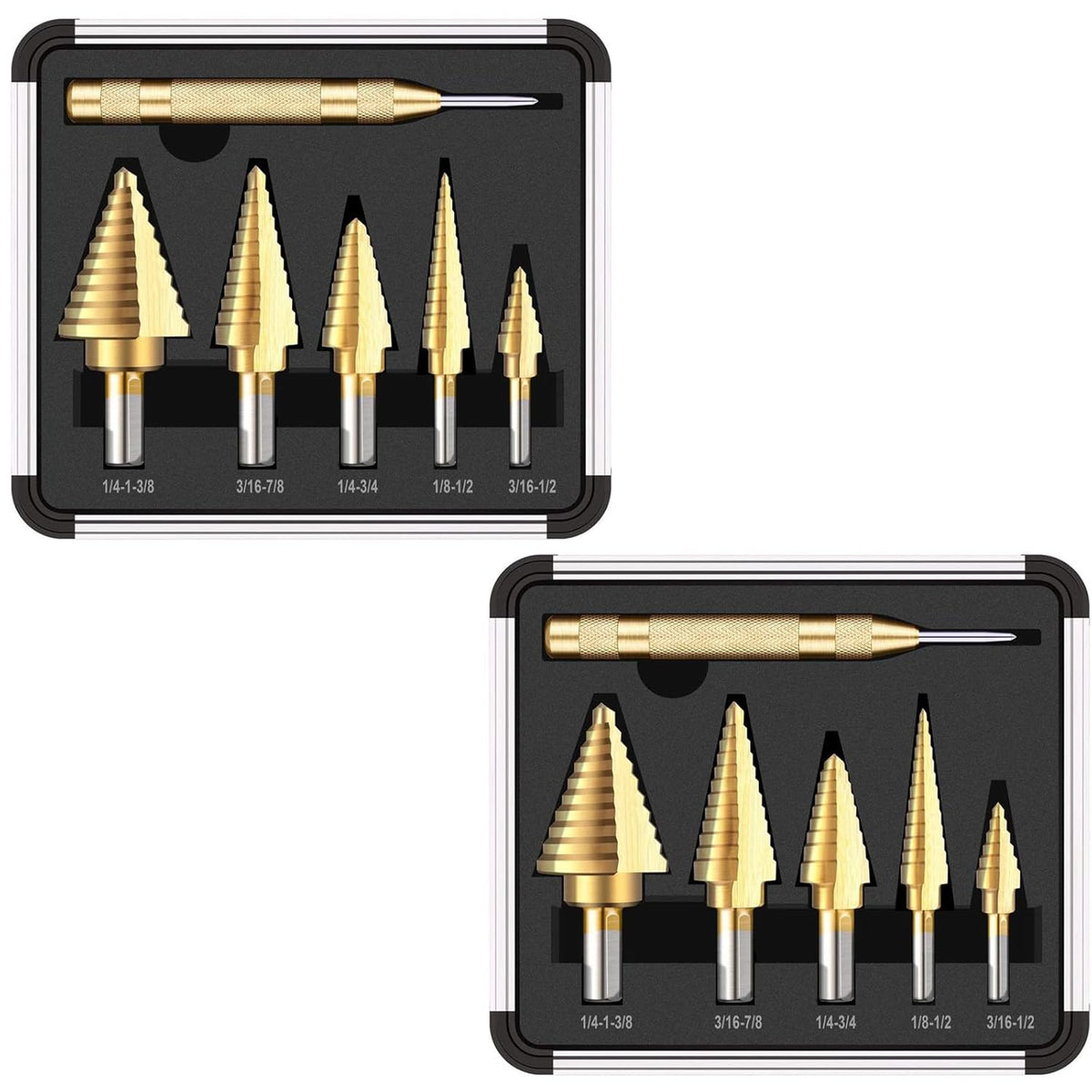 Step Drill Bit Set with Automatic Center Punch, 50 Sizes, 2 Pack D813