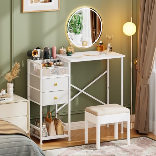 White Vanity Desk with 2 Fabric Drawers, 9 Compartments, Storage Shelves A262095