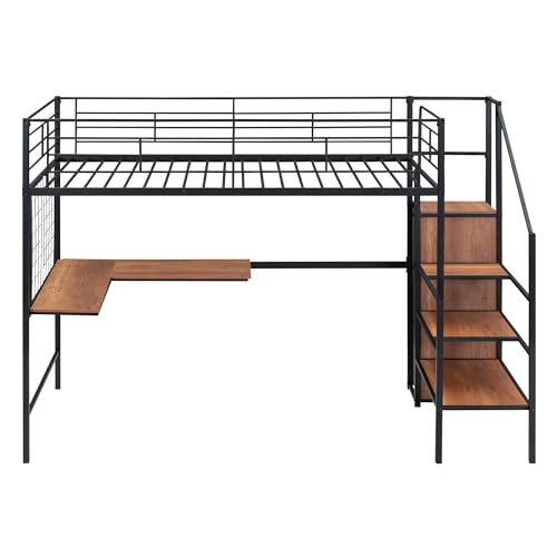 Twin Size Black Metal Loft Bed with Wardrobe and L-Shape Desk V31870