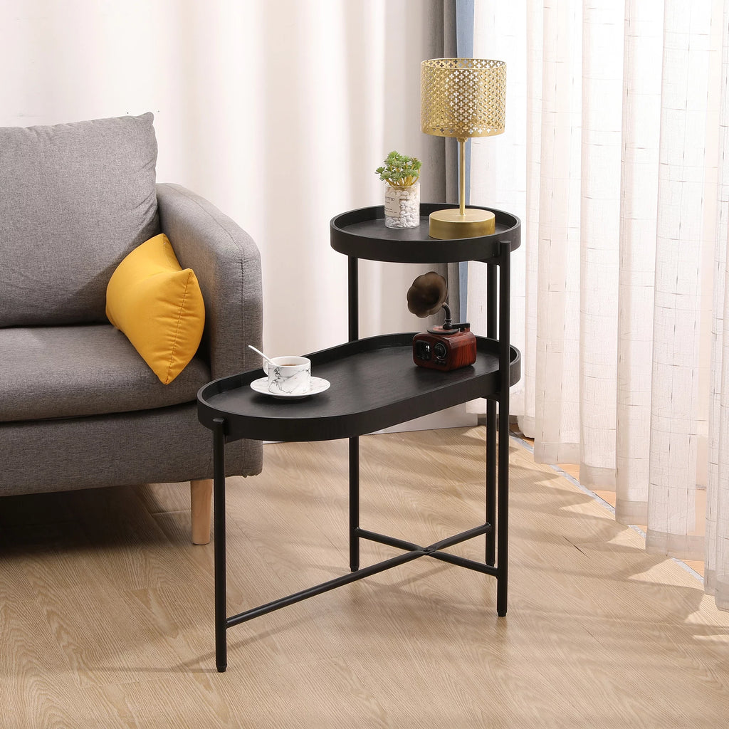 2-Tier Wooden Top Side Table Black Metal Frame A693330
