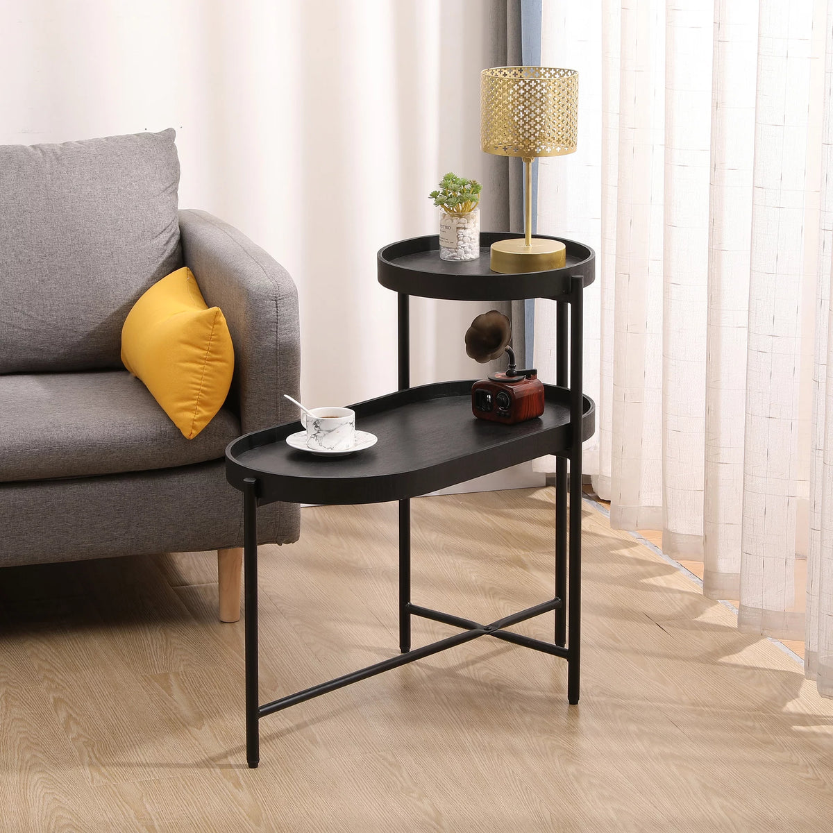 2-Tier Wooden Top Side Table Black Metal Frame A693330