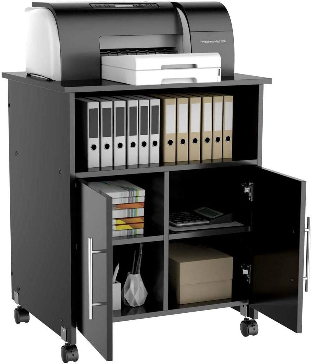 Black Rolling Wood File Cabinet with Open Storage Shelves K26529