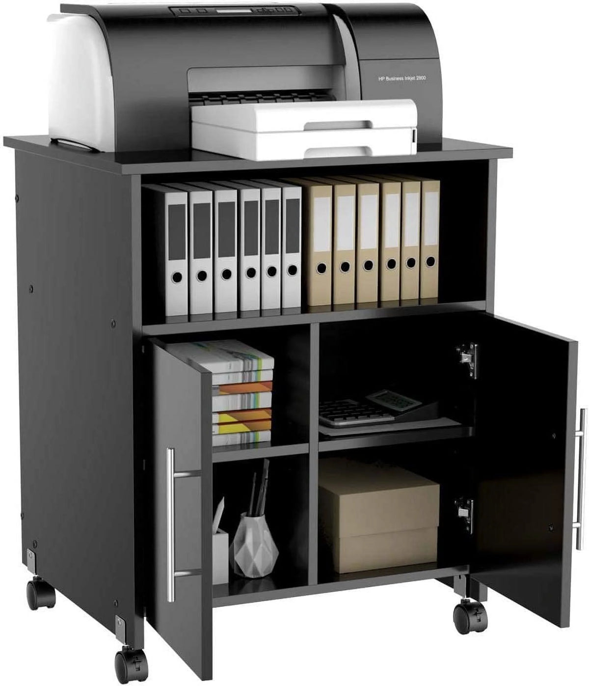 Black Rolling Wood File Cabinet with Open Storage Shelves K26529