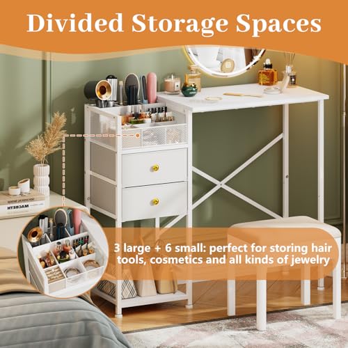 White Vanity Desk with 2 Fabric Drawers, 9 Compartments, Storage Shelves A262095